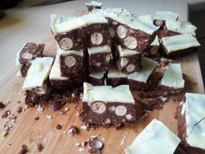Easy no bake quick Malteser chocolate biscuit bars with white chocolate topping recipe uk